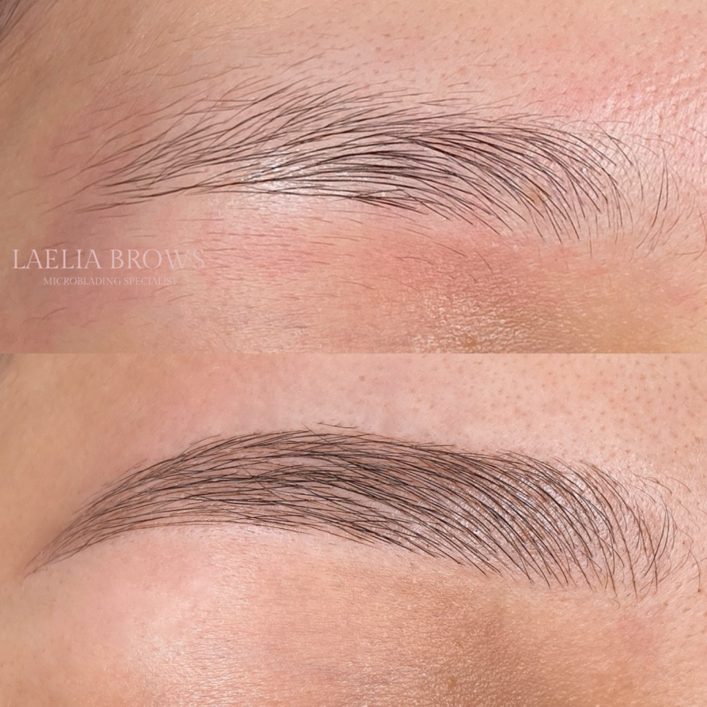 Close-up before and after of microblading on a sparse, over-plucked brow, with fine hair strokes placed between the natural dark hairs for a fuller shape.