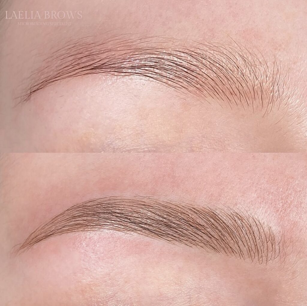 Before and after microblading at Laelia Brows in Beaumaris, on a sparse dark brow with a thin tail, rebuilt with fine, natural-looking hair strokes.