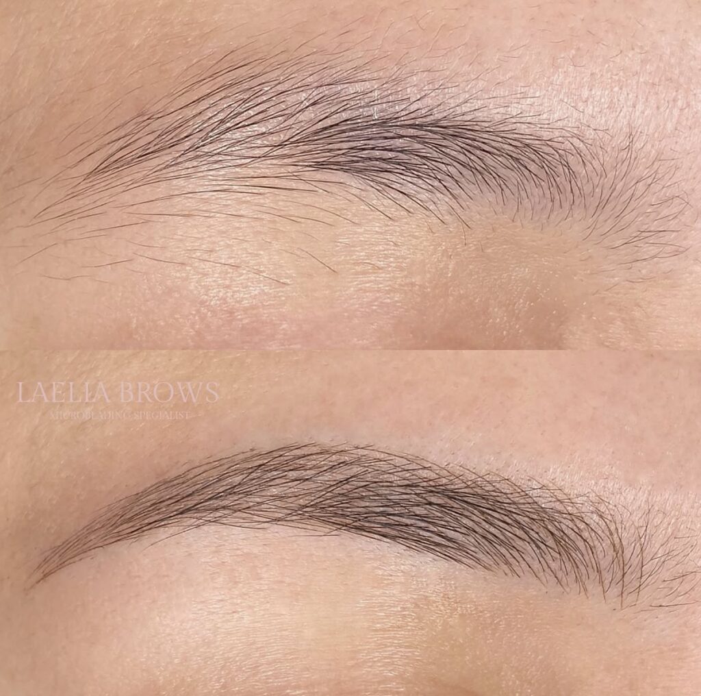 Before and after microblading on a thin, sparse light brown brow on fair skin, showing soft strokes that follow the natural direction of growth.
